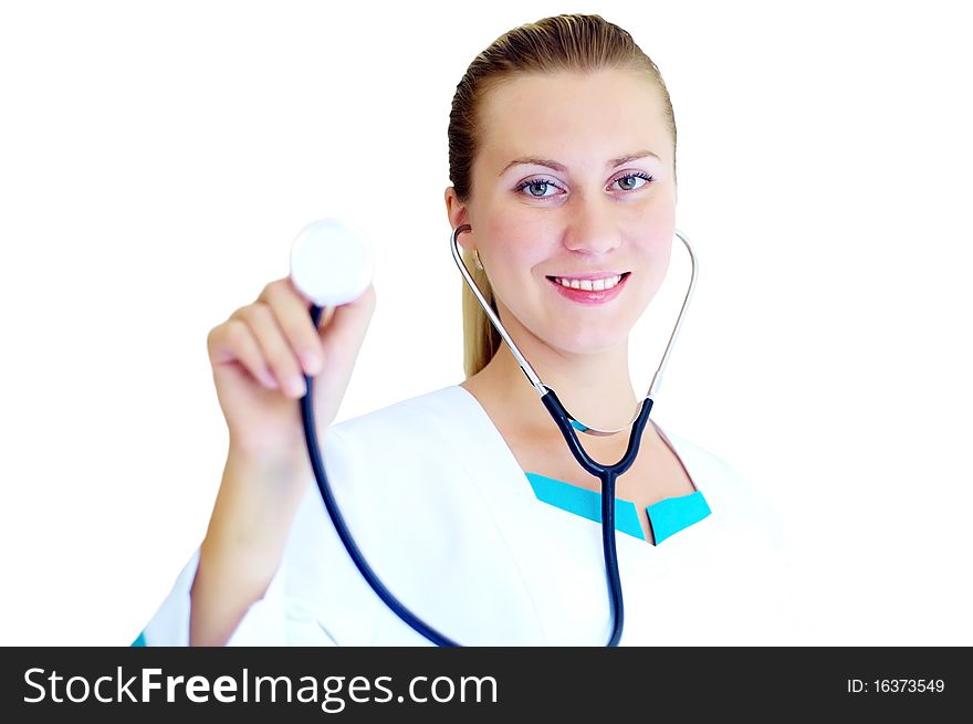 Smiling medical doctor with stethoscope on the white background