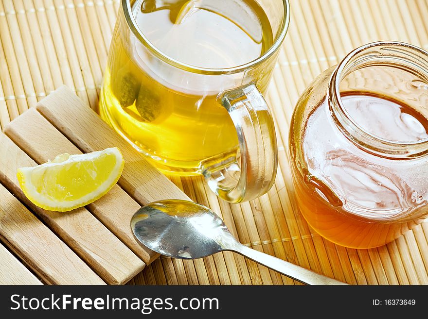 Green tea healthy drink, lemon and honey. Green tea healthy drink, lemon and honey