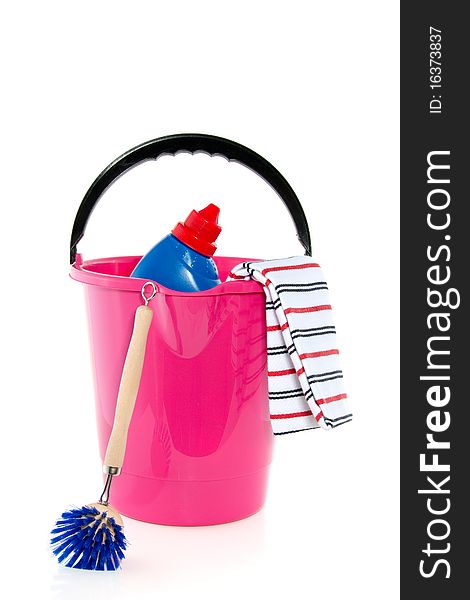 Cleaning bucket tea towel cleaner isolated white. Cleaning bucket tea towel cleaner isolated white