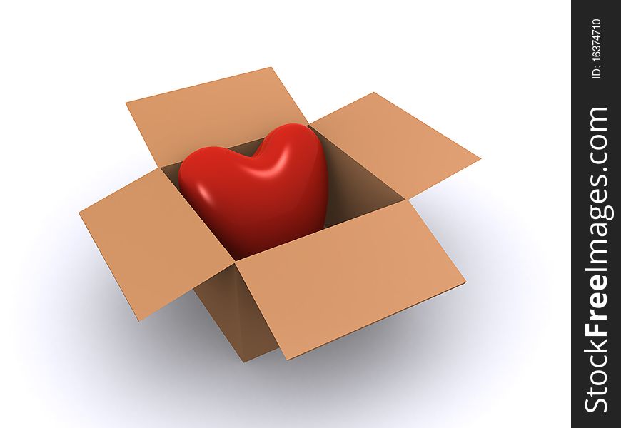 3d render of a heart in a cardboard box. 3d render of a heart in a cardboard box