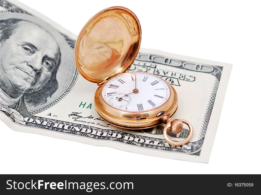 $ 100 and a gold watch on a white background. $ 100 and a gold watch on a white background