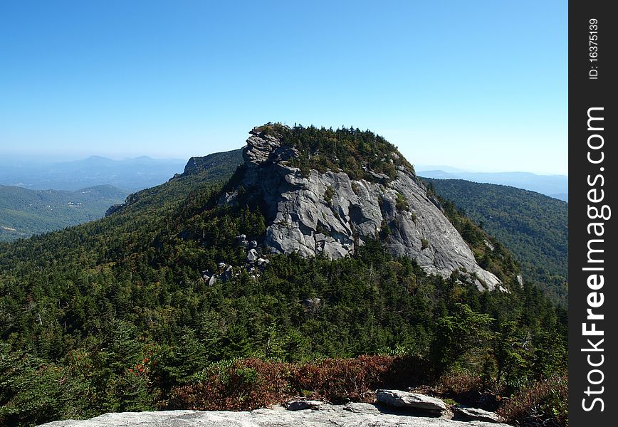 Along the trail at Grandfather mountain in North Carolina, view from McRea Peak. Along the trail at Grandfather mountain in North Carolina, view from McRea Peak
