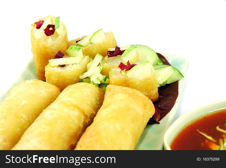 Fried Spring Rolls are usually found sold on the street in Thailand. Typically, the vendors who sell them in Bangkok also sell deep fried tofu triangles, fried shredded taro cakes, fried shredded turnip cakes and fried corn cakes.