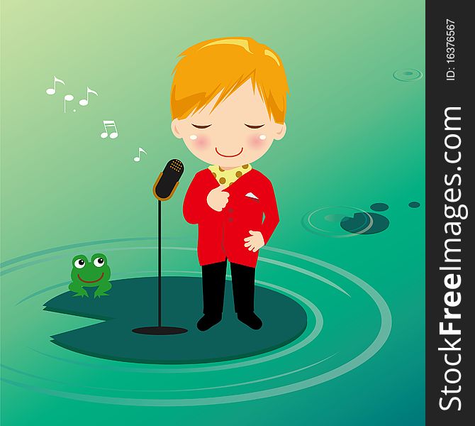 Singing boy and frog on waterlily. Singing boy and frog on waterlily