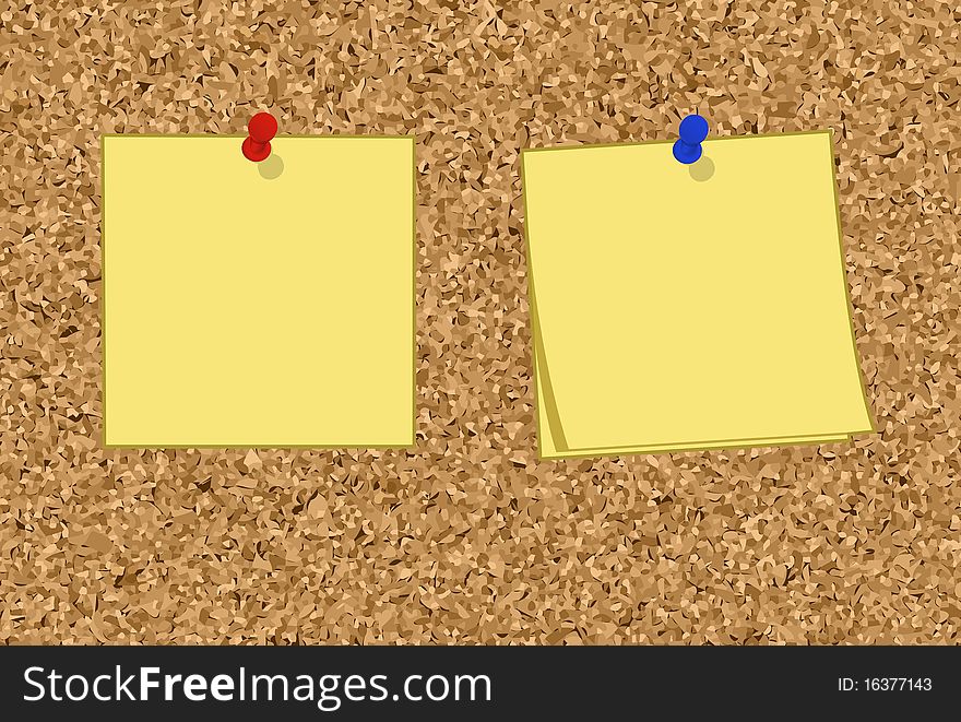 This is an illustration of realistic yellow sticky notes on a cork board. This is an illustration of realistic yellow sticky notes on a cork board.