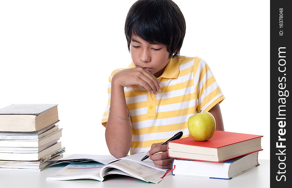 Learn for school, young student make his homework against white background