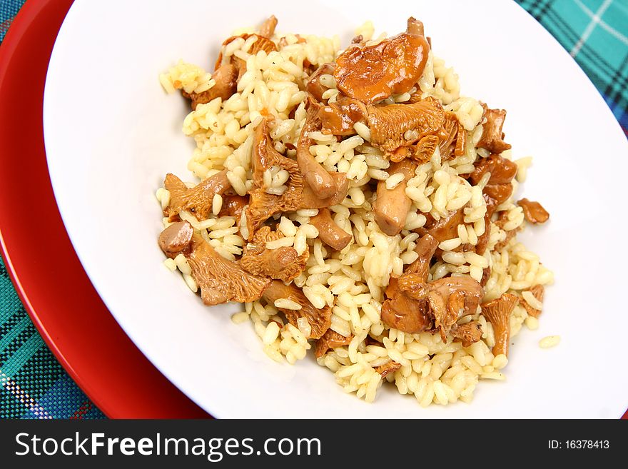 Risotto with mushrooms on a plate and a fork