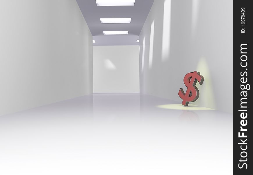 Dollar symbol in empty corridor representing money in spare, savings, investment and financial power. Dollar symbol in empty corridor representing money in spare, savings, investment and financial power.