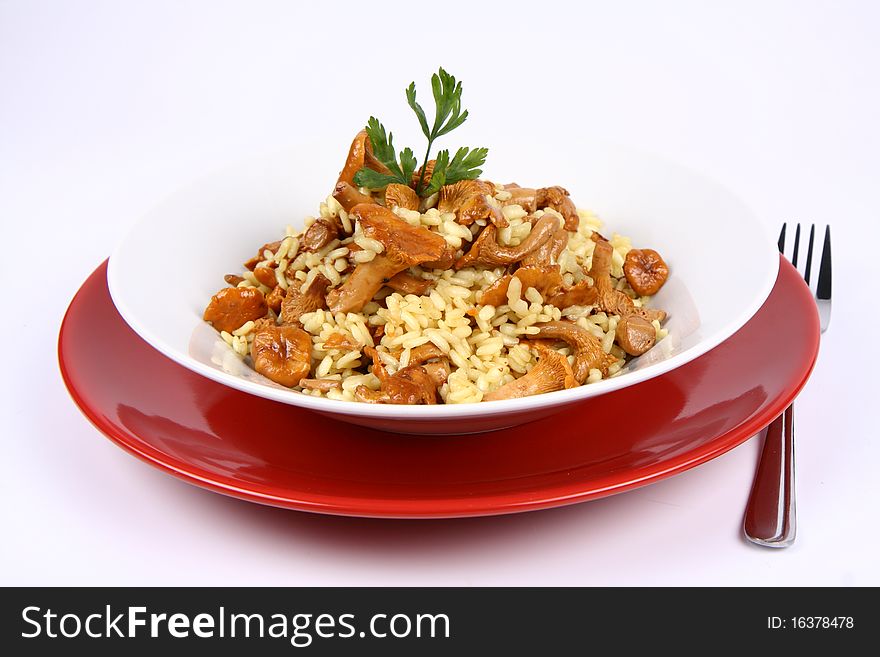 Risotto with mushrooms on a plate decorated with parsley and a fork