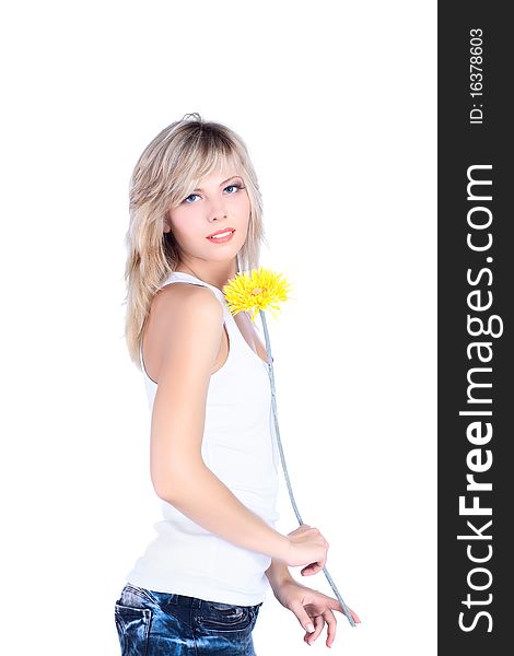 Young girl over white background with flower. Young girl over white background with flower