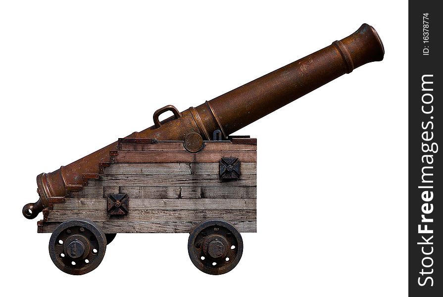 Old bronze cannon with a wooden base on a white background. Old bronze cannon with a wooden base on a white background