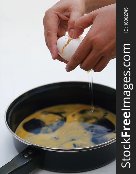 Close up of a hand cracking an egg into the pan. Close up of a hand cracking an egg into the pan