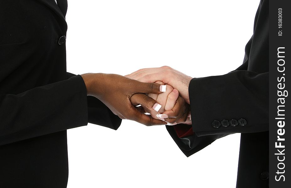 Male and female hands shaking over white background. Male and female hands shaking over white background.