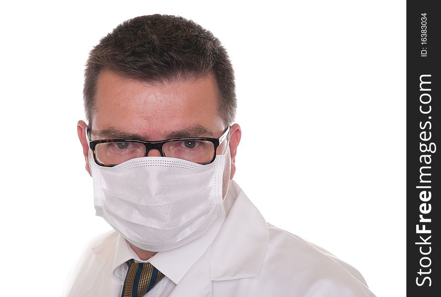 Doctor isolated on white. Wears mask and glasses and looks directly at camera. Doctor isolated on white. Wears mask and glasses and looks directly at camera.