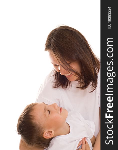 Happy mother with her child together on a white background