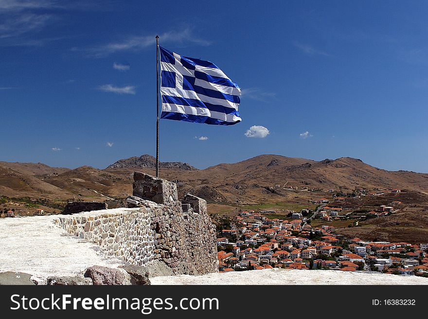 Greek flag on Myrina castle