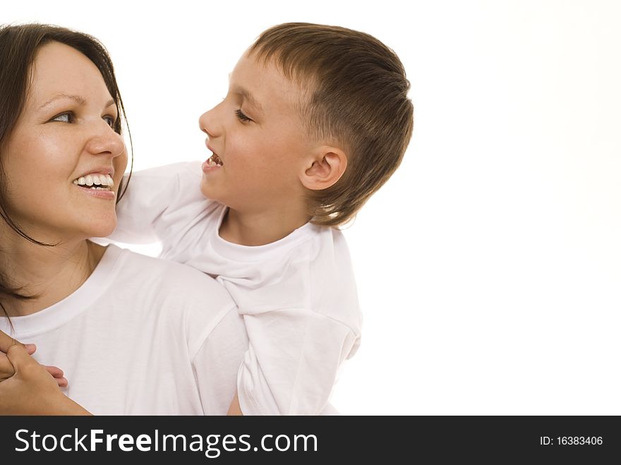 Happy mother with her child together on a white background