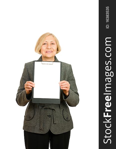 Senior woman holding a clipboard isolated on white background