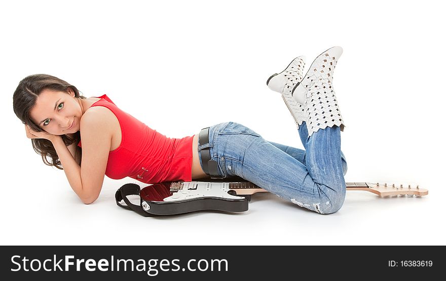 Girl with a guitar on a white background