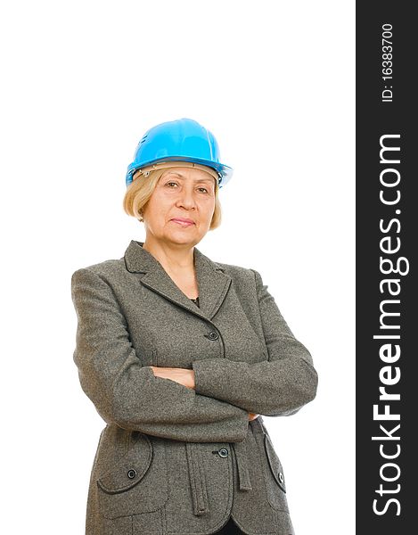 Portrait of a senior engineer woman with blue hard hat standing confidently isolated on white background