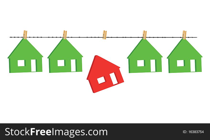 Breadboard models of small houses by means of clothespins hang on a barbed wire