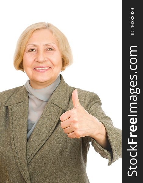 Portrait of a senior woman showing thumb up isolated on white background