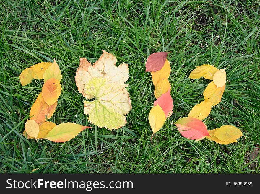 Autumn now. New year will be soon. Fallen red and yellow leafs as 2012 on the grass. Autumn now. New year will be soon. Fallen red and yellow leafs as 2012 on the grass