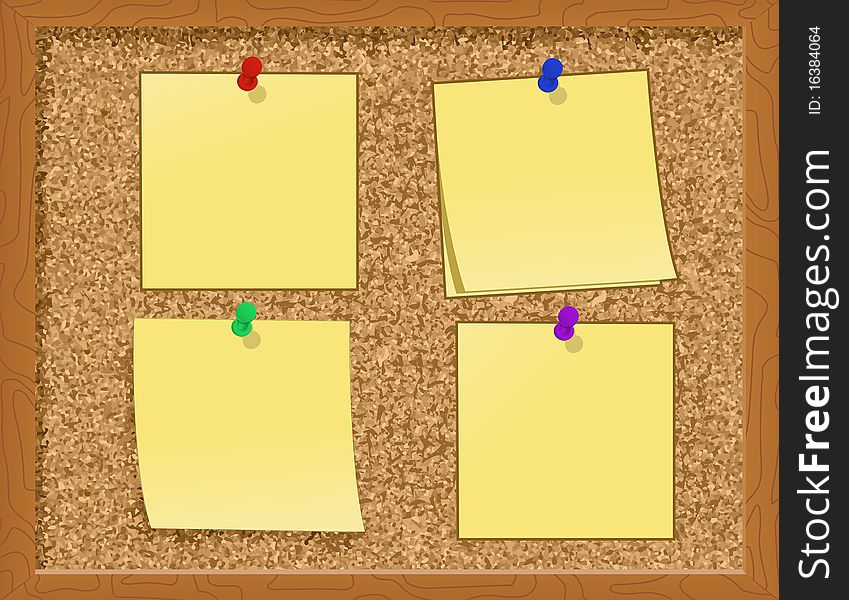 This is an illustration of realistic yellow sticky notes pinned to a cork board. This is an illustration of realistic yellow sticky notes pinned to a cork board.