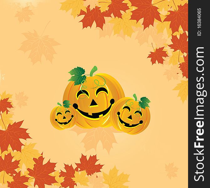 Halloween pumpkin on the autumn leaves. Vector illustration.