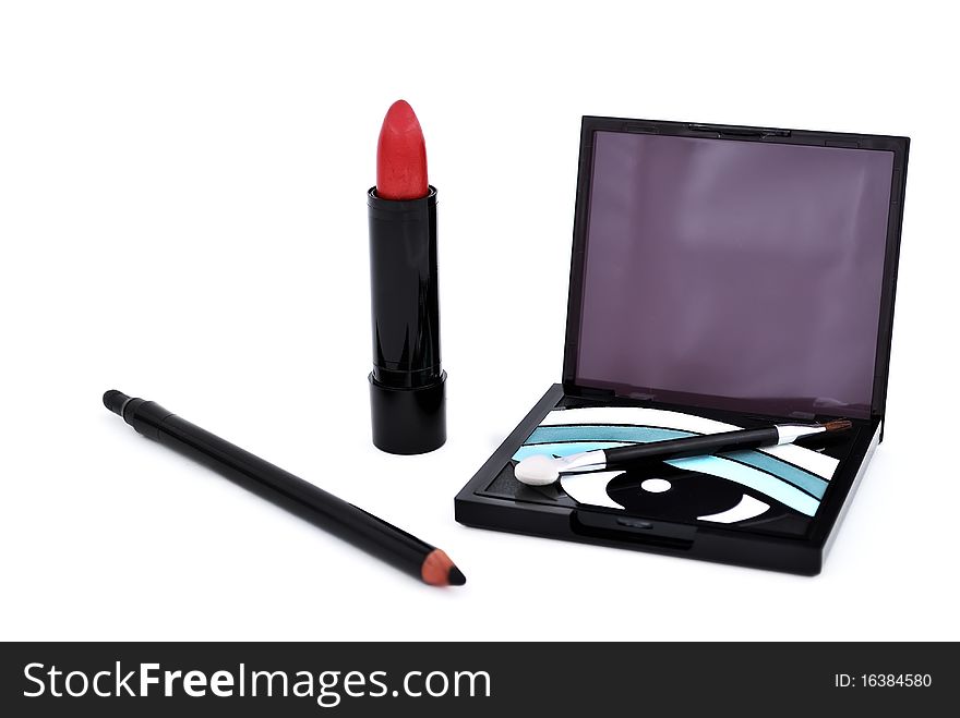 Cosmetic set: lipstick, eye shadow and eye shadow