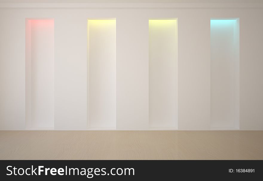 White interior composition with colored light on a wall. White interior composition with colored light on a wall