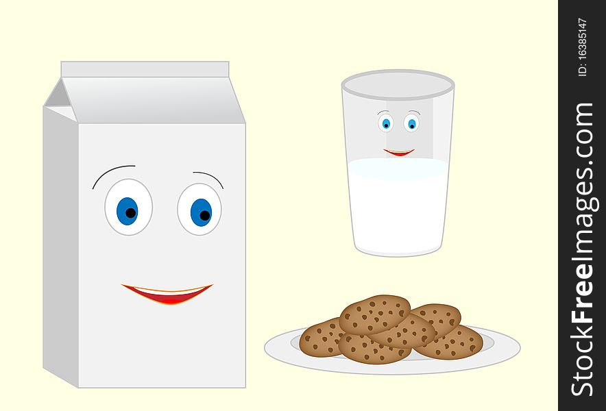 Smiling glass of milk and pack looking on the cookies. Smiling glass of milk and pack looking on the cookies