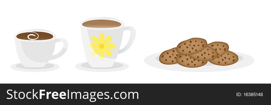 Coffee , tea and cookies .Isolated on white. Coffee , tea and cookies .Isolated on white