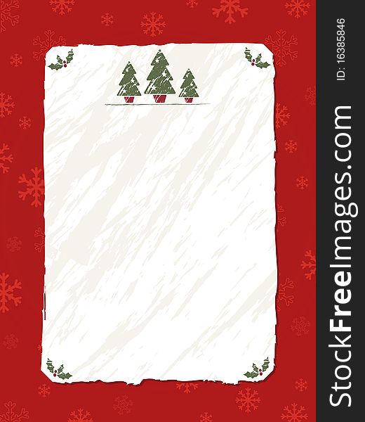 Red snowflake background with blank white crumpled paper and christmas motifs. Red snowflake background with blank white crumpled paper and christmas motifs