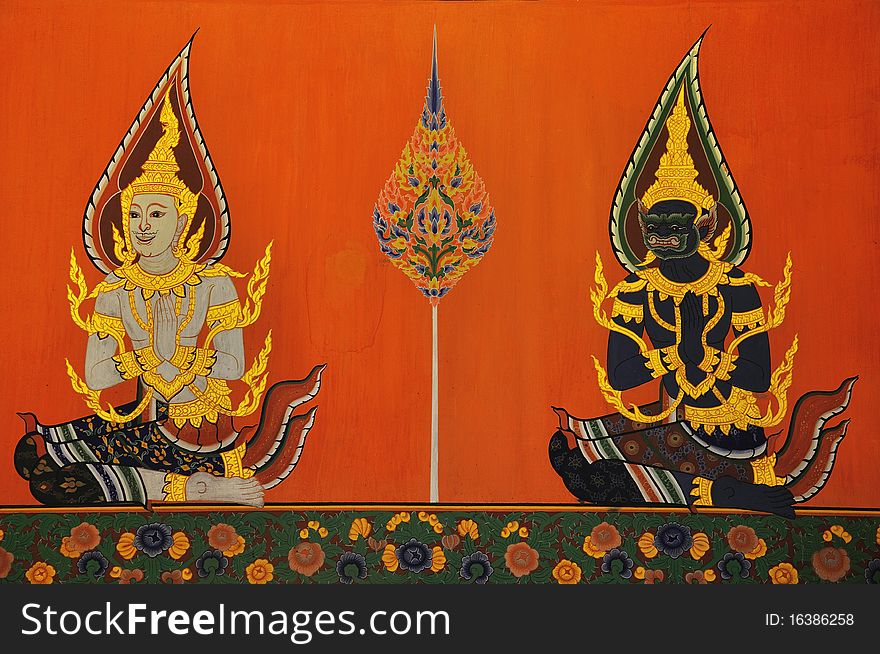 Image of pay respect of sprite, Wall painting at Ayuthaya, the old temple in Thailand