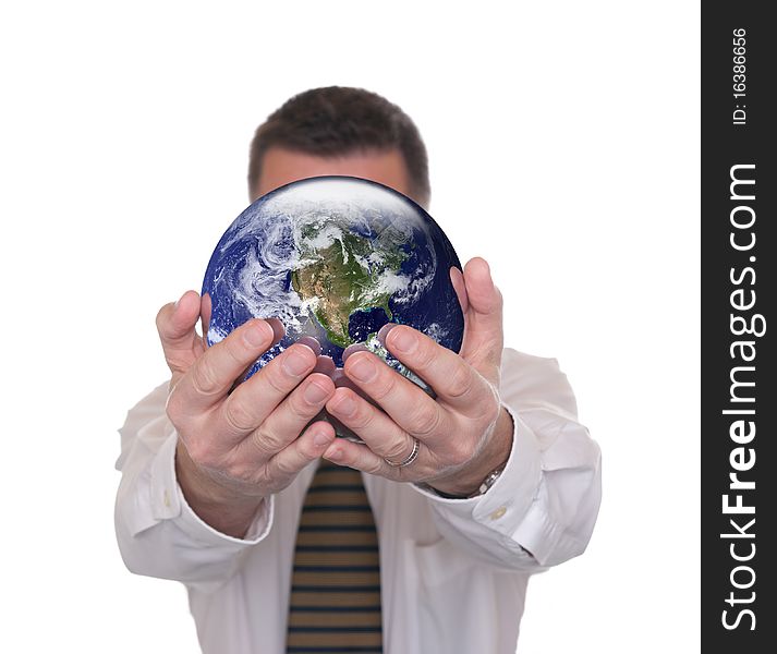 Businessman Holds Globe Featuring America