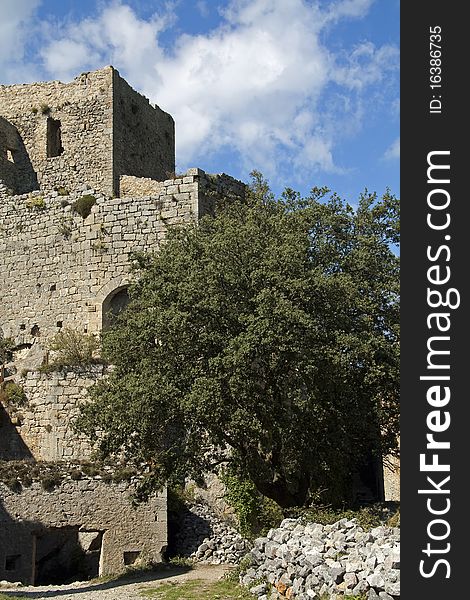 Chateau puilaurens, one of the cathar-castles in the midi pyrenees orientales, france