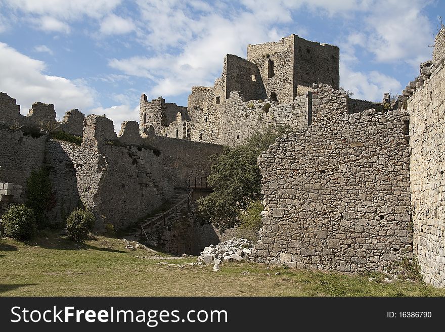 Chateau puilaurens, one of the cathar-castles in the midi pyrenees orientales, france