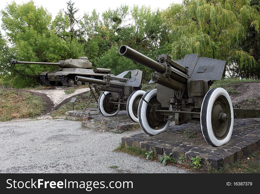 Russian cannons, tank and a mortar. Russian cannons, tank and a mortar