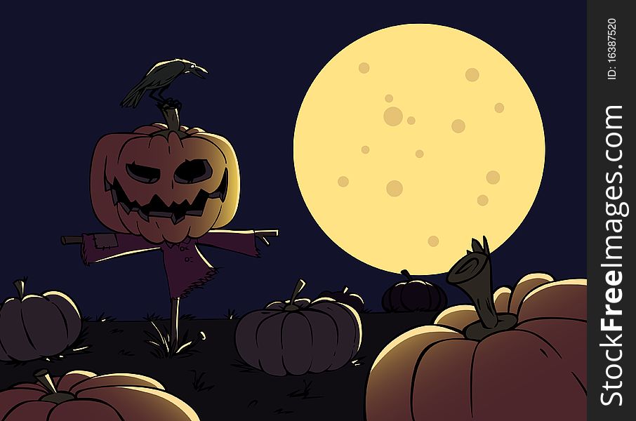 Cartoon scarecrow with a pumpkin