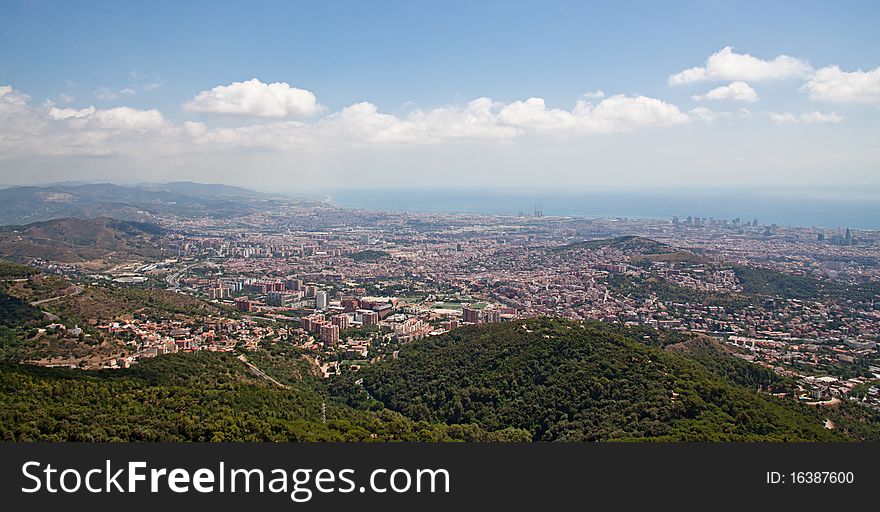 Panorama of Barcelona Spain with altitude in the summer on a sunny day