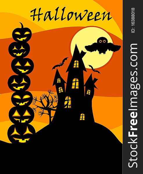 Halloween card with castle, jack o' lanterns stack and owl over moon
