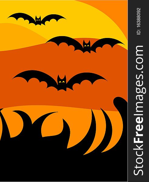 Halloween scary night landscape background  with flying bats. Halloween scary night landscape background  with flying bats