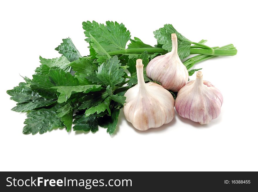 Garlic with celery leaves is isolated on a white background