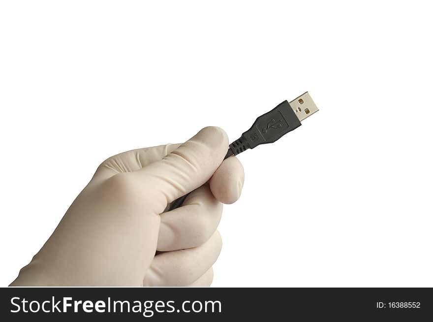 Hand hold USB wire on white background.