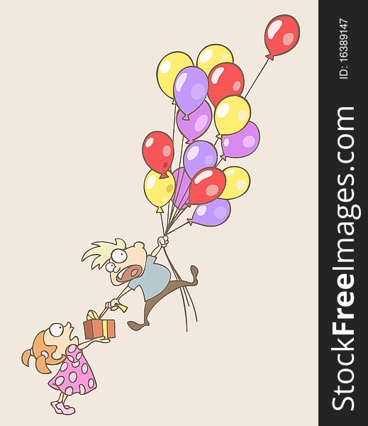 Vector illustration of a boy flying away on the balloons an trying to get his present at the same time. Vector illustration of a boy flying away on the balloons an trying to get his present at the same time