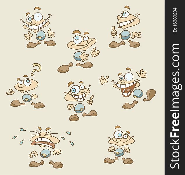 Eight vector illustrations of a funny cartoon character