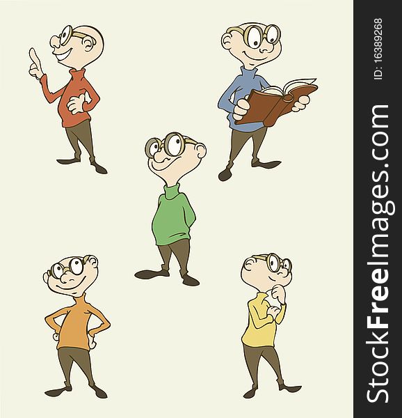 Five vector illustrations of a funny cartoon character