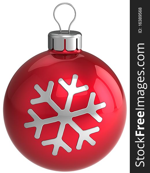 Xmas decoration. Happy new year orange shiny bauble with silver snowflake shape on it. This is a detailed 3D render. Isolated on white. Xmas decoration. Happy new year orange shiny bauble with silver snowflake shape on it. This is a detailed 3D render. Isolated on white