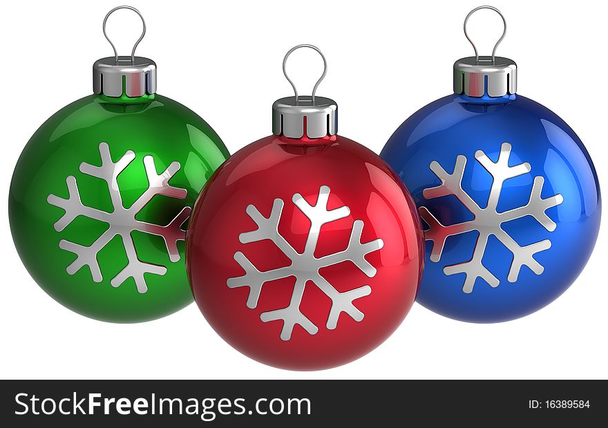 Three colorful (green, red, blue) shiny christmas baubles with silver snowflake shape on them. This is a detailed 3D render. Isolated on white. Three colorful (green, red, blue) shiny christmas baubles with silver snowflake shape on them. This is a detailed 3D render. Isolated on white.